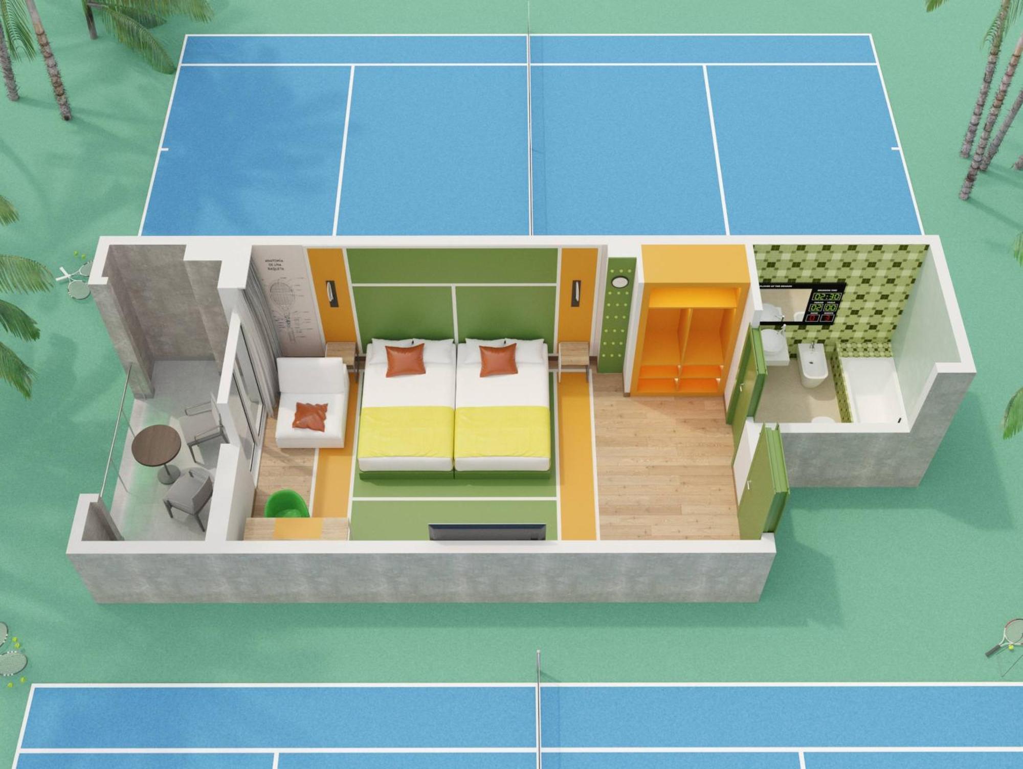 Habitación cuádruple Match Point con temática de tenis
