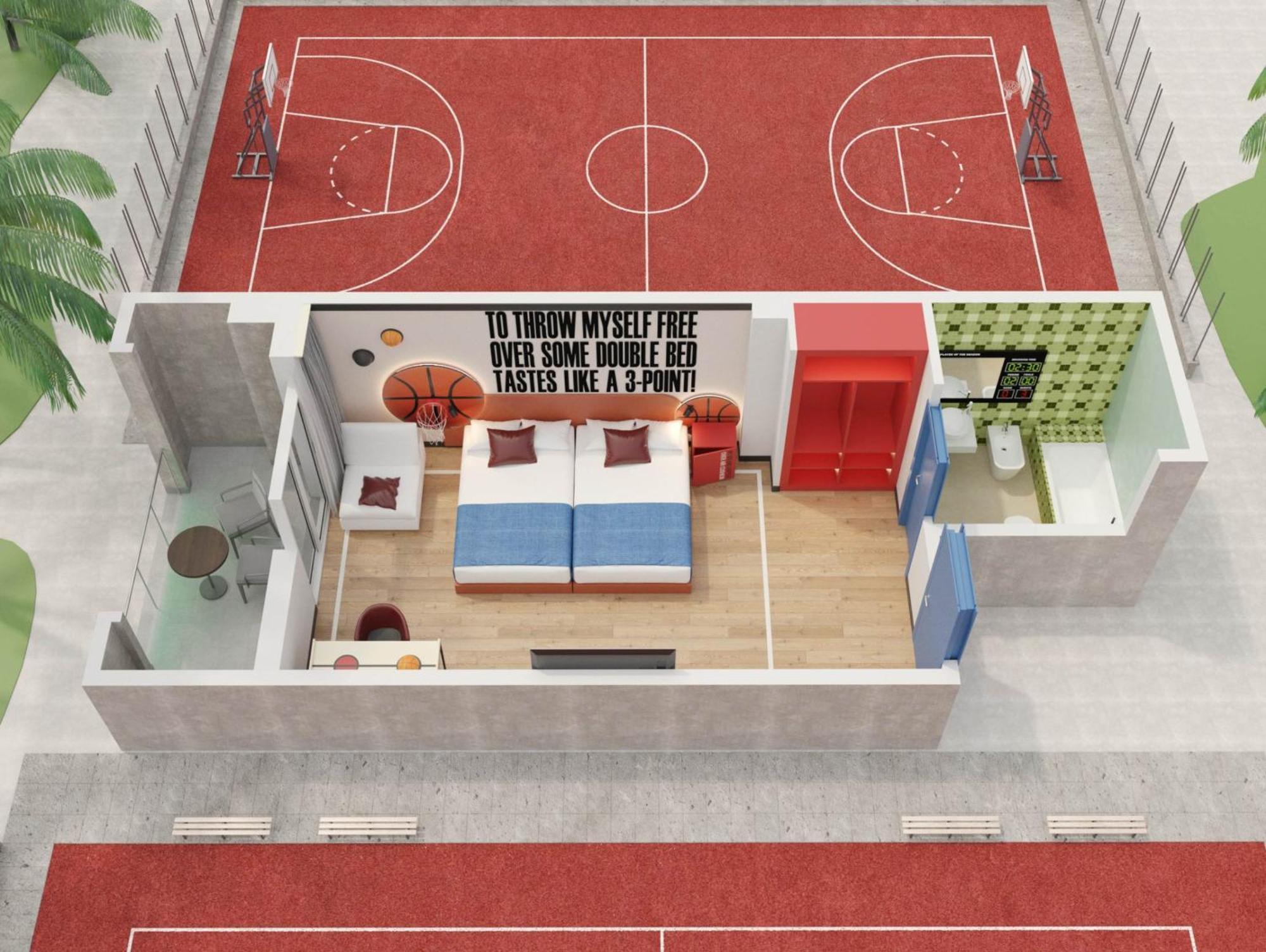 Habitación cuádruple Alley Oop con temática de baloncesto